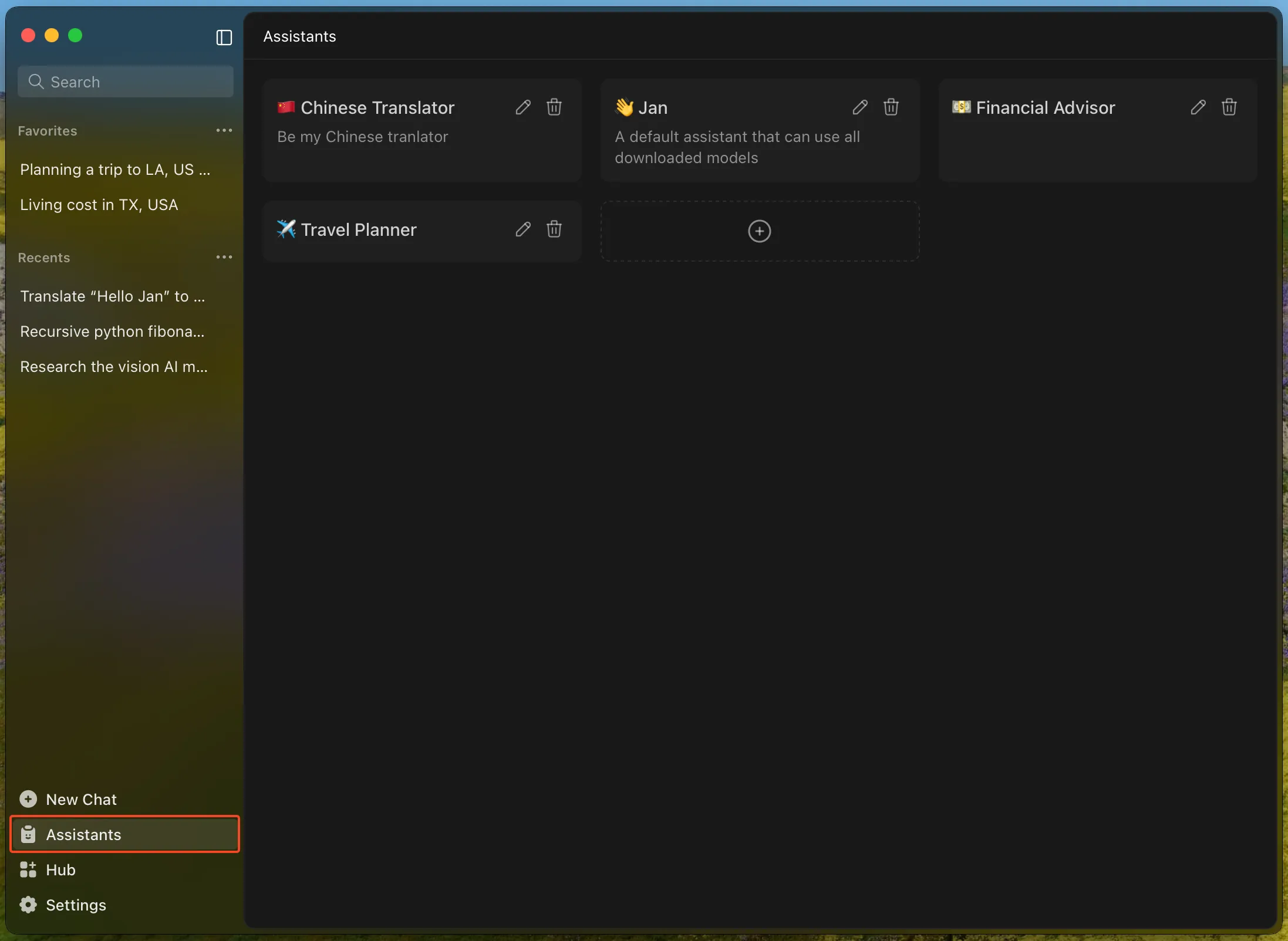 The Assistants management page, where you can view, add, edit, or delete assistants. Each assistant has a name,
description, and can be customized for different tasks.