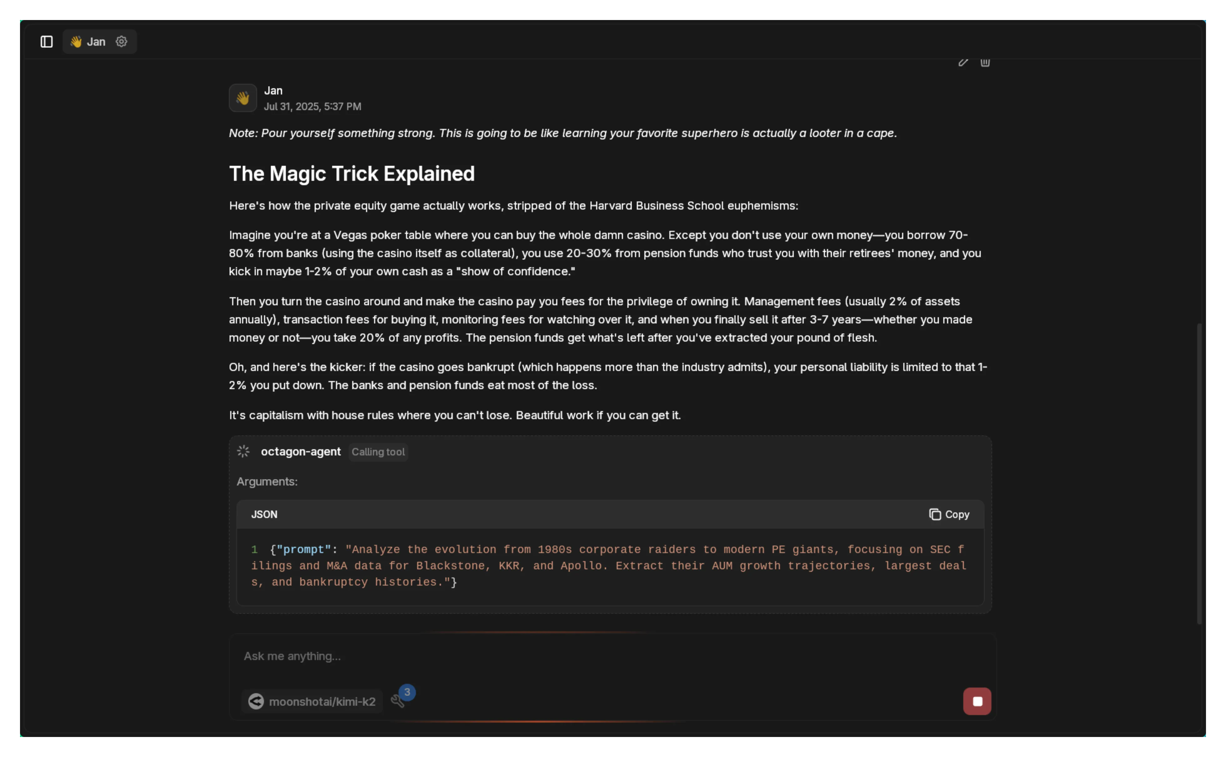 Kimi model using Octagon tools for research